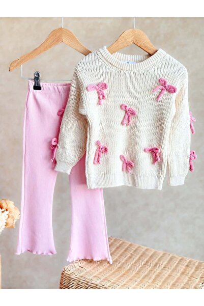 Pinkitokids Комплект от плетен пуловер с бродерия и клинчета