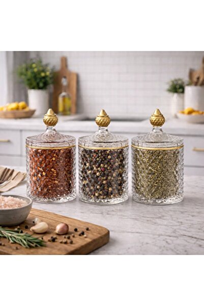 HUBART 3’lü Gold Detaylı Kapaklı Cam Baharatlık Kavanoz Seti – Şekerlik, Muml...