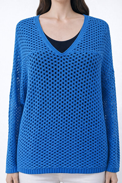Neden Tekstil Saks Blue Large Size Mesh Knitwear Sweater