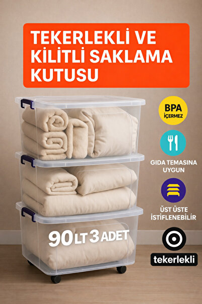 Loremp 90 LT Şeffaf Saklama Kutusu 3 Adet Kilitli Tekerlekli Depolama Düzenleme