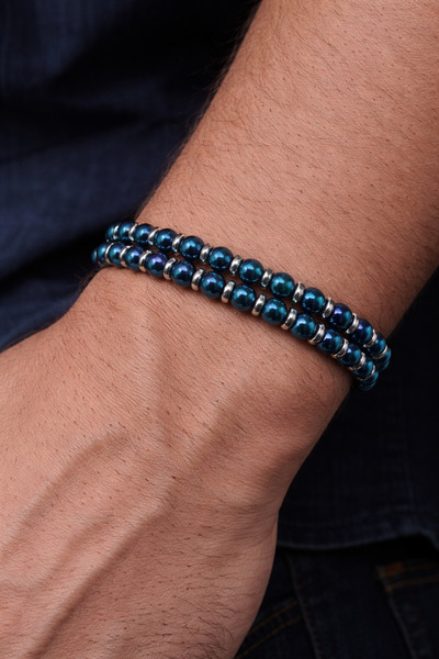 Tasarım Men's Navy Blue Double Row Metal Bead Bracelet |   Modern & Stylish