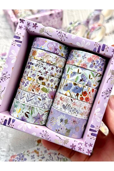 SF SCRAPBOOK KIRTASİYE Desenli Bant Washi tape Scrapbook Mor Çiçek Temalı 12'...