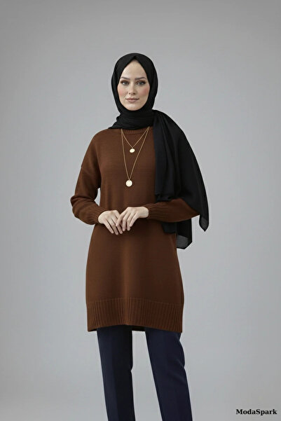 bysoca Women's Brown Crew Neck Long Balloon Sleeve Oversize Soft Knitwear Tun...