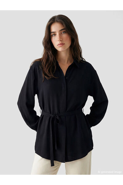 LC Waikiki LCW Modest Tunica neagra oversize pentru femei, cu centura in talie