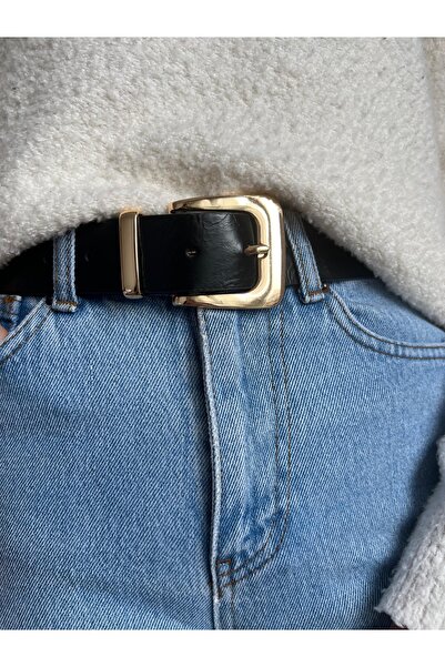 Eksibir Gold Tokalı Siyah Kadın Kemeri Elbise Kemeri Pantolon Kemeri