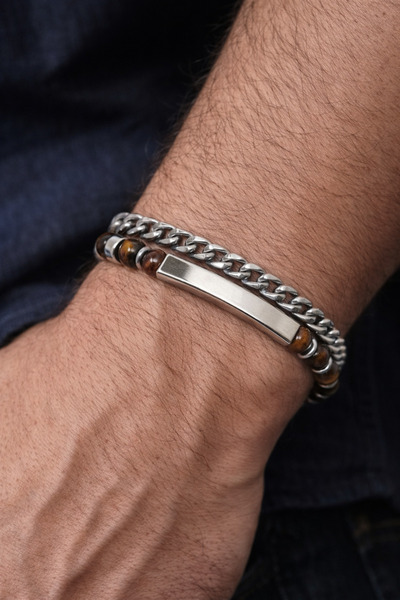Tasarım Men's Tiger's Eye Natural Stone & Steel Plate Bracelet