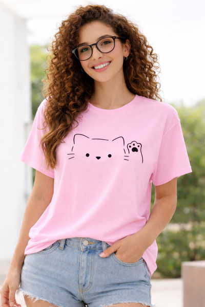 ArtYus Hello Cat Paw Printed Cotton Relaxed Fit Round Neck Unisex T-Shirt