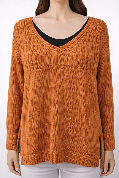 Neden Tekstil Brick Red V-Neck and Slit XXL Knitwear Sweater