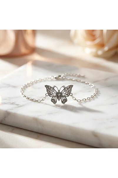 Arvenia Silver Telkari Kelebek Motifli Markazit Taşlı Gümüş Bileklik