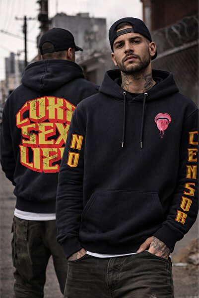 Gymmag Hanorac Unisex Negru cu Print Statement „Coke! Sex! Lies!” – Streetwea...