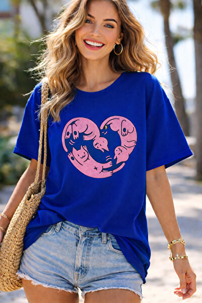 ArtYus Cat Heart Printed Cotton Relaxed Fit Round Neck Unisex T-Shirt