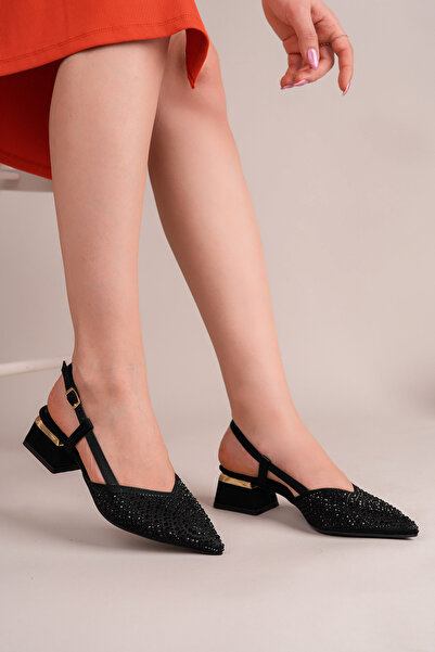 ALFHA Siyah Payet Taşlı Saten Abiye Şık Kısa Topuklu Rahat Ayakkabı