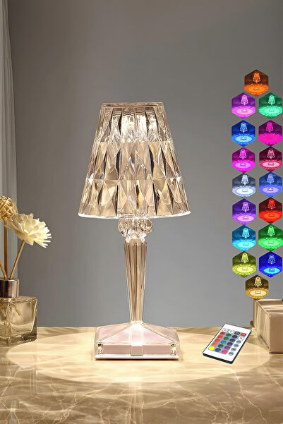 Saatistan Renkli Ledli USB Şarjlı Dokunmatik Masa Abajuru, Kumandalı, Kristal...