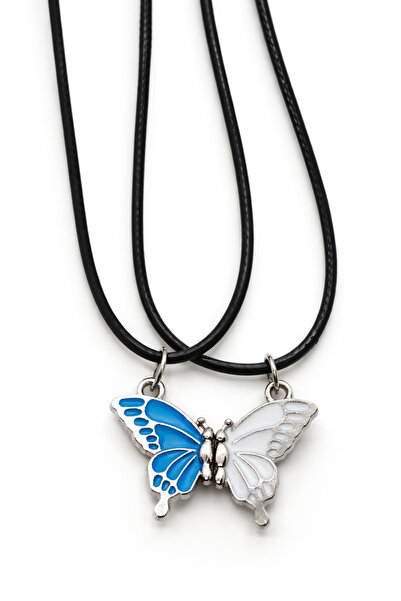 MakeWell Mıknatıslı Pembe Siyah ve Beyaz Kelebekli Mıknatıslı Kolye 2li Arkad...