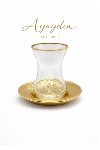 Paşabahçe İnce Belli Tek Yaldızlı 12 Parça Çay Seti (6 Bardak + 6 Tabak) - Ay...