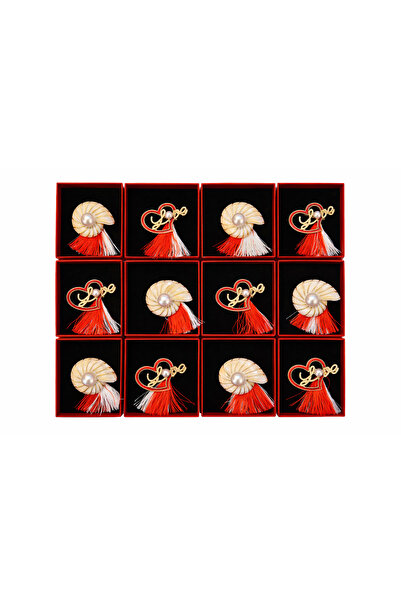 OEM Set 12 Broșe Mărțișor Metalice, Model Love & Scoică, cu Ciucuri Roșu-Alb,...