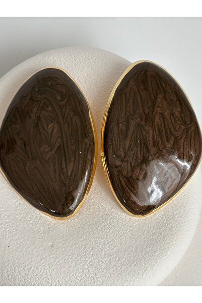 BHR AKSESUAR Gold Light Brown Enamel Large Earrings (6.7 cm)