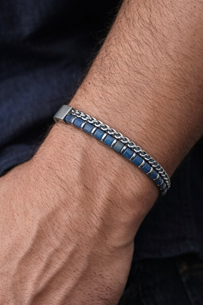 Tasarım Men's Steel Chain Bracelet – Blue Stone Detail
