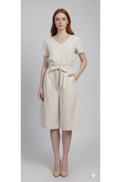 Neden Tekstil Beige High Waist Belted Culotte Shorts