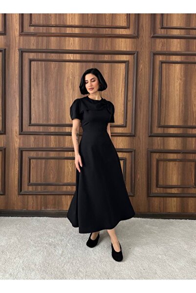 maf collection Women's Black Balloon Sleeve Bow Detail Short Sleeve Long Dress