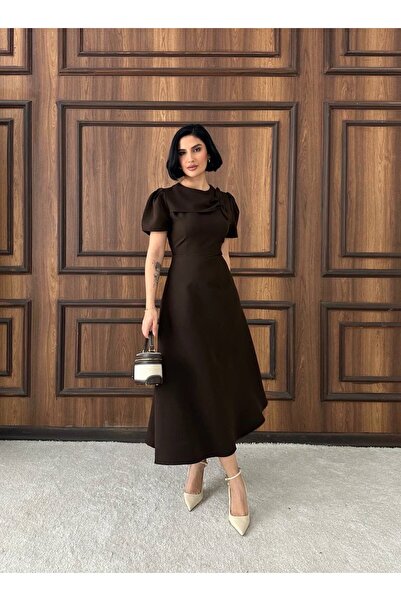 maf collection Women's Brown Balloon Sleeve Bow Detail Short Sleeve Long Dress