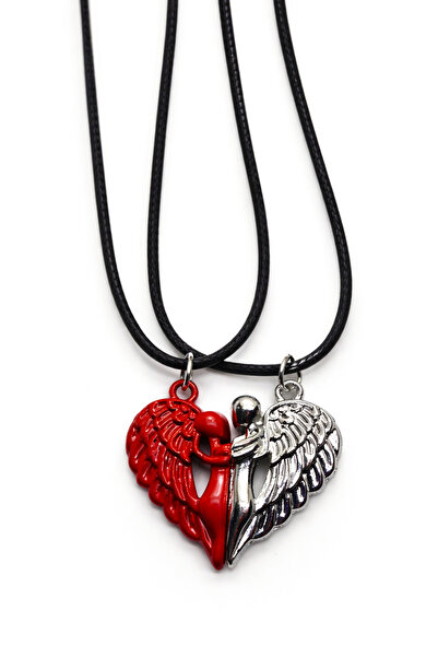 MakeWell Magnetic Angel Wing Heart 2-Piece Lover Necklace – Red and Black Cou...