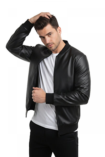 DeepSEA جاكيت رجالي من الجلد الصناعي بتفاصيل من الحجر الأسود - طراز بومبر عصر...