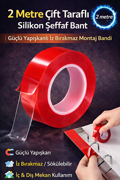 Hane Dostu 2 Metre Süper Güçlü Çift Taraflı Silikon Şeffaf Bant | Duvar Delme...