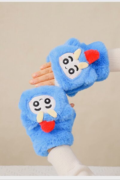 MD Moda Accessories Plush Blue Character Fingerless Gloves – Soft Textured, W...