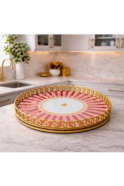 Kitchen Pembelia Kuş Desenli Kırmızı Pembe Lüx Şık Sunum Tepsisi Özel Davet T...