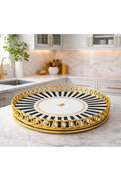 Kitchen Pembelia Kuş Desenli Siyah Beyaz Lüx Şık Sunum Tepsisi Özel Davet Tep...