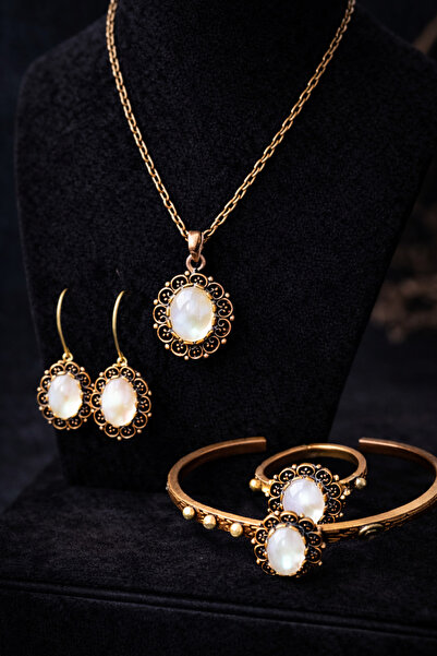 İyyaKee Kadın Bakır Kolye Bileklik Yüzük Küpe Takım Seti Doğal Taşlı Saf Bakı...