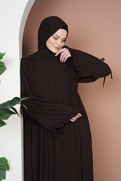 lunaferace Kahverengi, Medine İpeği, LİVA Model Ferace Elbise, Robalı ve Arka...