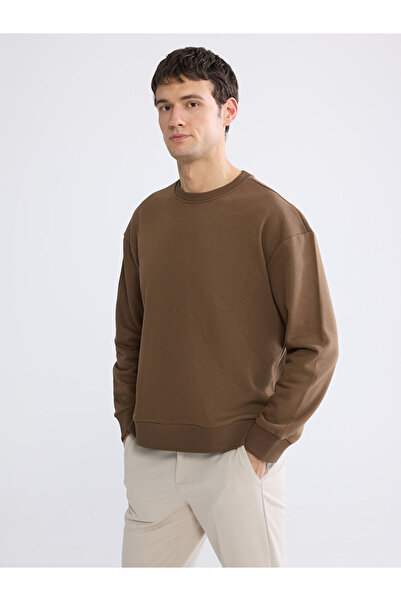 LC Waikiki Ανδρικό χοντρό φούτερ MG TRENDEN σε καφέ χρώμα με λαιμόκοψη ποδηλάτου