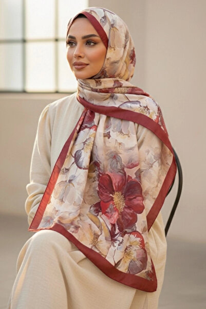 MetuCA Women's Burgundy Framed Large Floral Patterned Cotton Soft Textured Se...