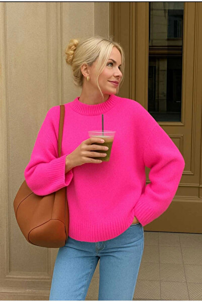 MetuCA Women's Pink Crew Neck Balloon Sleeve Oversize Knitwear Sweater