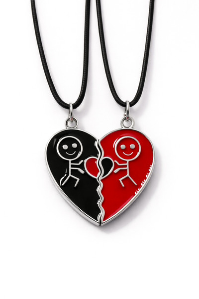 MakeWell Magnetic Smiling Figure Heart 2-Piece Lover Necklace – Black, White,...