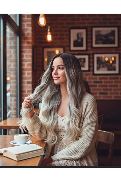 Handmade Uzun Su Dalgalı Fiber sentetik peruk KÜLLÜ KUMRAL -BeYAZ PLAtiN Ombreli