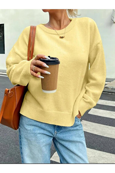MetuCA Women's Yellow Crew Neck Balloon Sleeve Oversize Knitwear Sweater