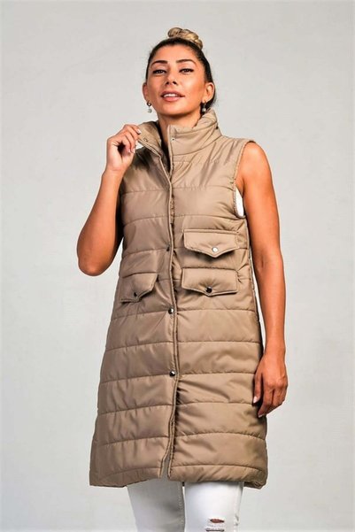 Şeker Portakalım Beige Stand Collar Pocket Detailed Long Puffer Vest