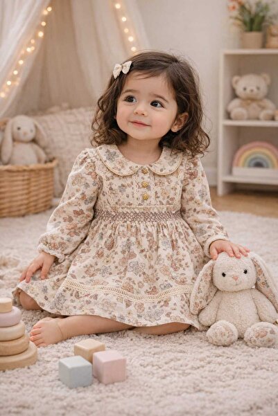 minicayzen Kız Bebek Vintage Çiçek Desenli Uzun Kollu Elbise – Pamuklu, Bebe ...