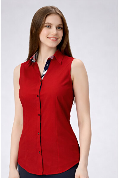 FARQIN K. Red Cotton Satin Burbery Fabric Detailed Zero Sleeve Slim Fit Women...