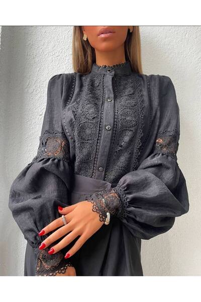 Julidress Lace Detailed Stand Collar Premium Design Linen Shirt