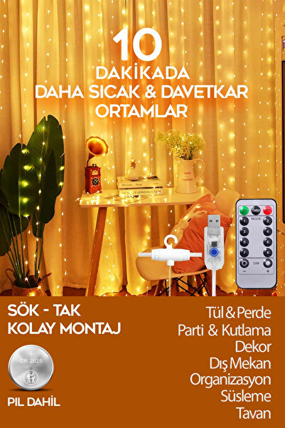 Saatistan Kumandalı Perde LEDIşığı, 10 Saçaklı Sarı Yılbaşı Dekoru, 8 Mod, Mu...