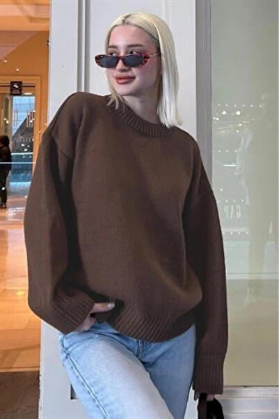 MetuCA Women's Brown Crew Neck Balloon Sleeve Oversize Knitwear Sweater