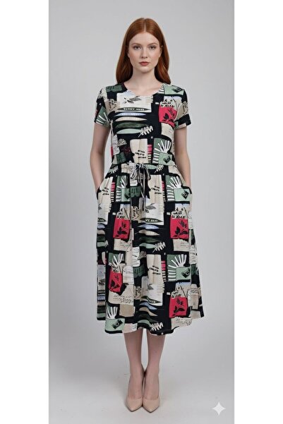 Neden Tekstil Black Dress with Colorful Pattern and Pockets