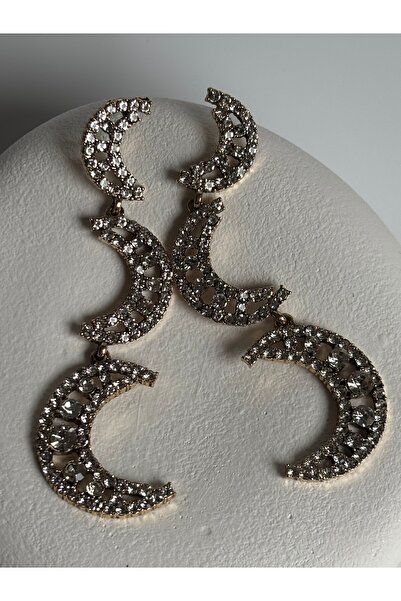 BHR AKSESUAR Gold Zircon Stone Big Dangle Moon Earrings (8.7 cm)