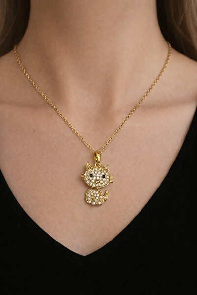 shop Gold Color Women's Necklace with Cute Cat Figure and Zircon Stone