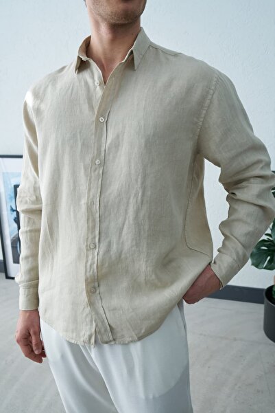 Wonraces Men's Beige Oversize Comfortable Fit Long Sleeve 100% Raw Linen Shirt