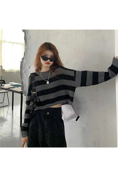 MetuCA Women's Black Gray Wide Striped Thessaloniki Knit Crew Neck Crop Knitw...